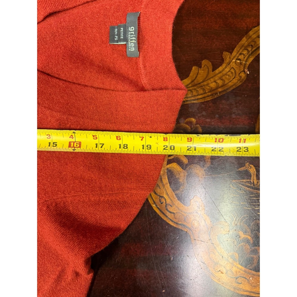 Vtg Griffen Cashmere Womens Rust Orange V Neck Sweater 3/4 Sleeve Fall Petite PS - Picture 9 of 13